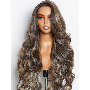 Imagem de GORGIUS Peruca Ombre Ondulada Solta Marrom com Destaques Loiros 61 cm Peruca Loira Mel Colorida Sem Cola, Cabelo Humano Remy de Fibra Premium Misturado com Renda Pré-Cortada Natural Pré-Cortado