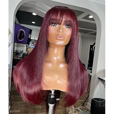 Imagem de Peruca 99J Borgonha Vermelha Lisa com Franja Franja Perucas de Cabelo Humano para Mulheres Negras Cabelo Remy Brasileiro Pré-Arrancado 13x4 HD Peruca Frontal de Renda Transparente 150% Densidade Nós