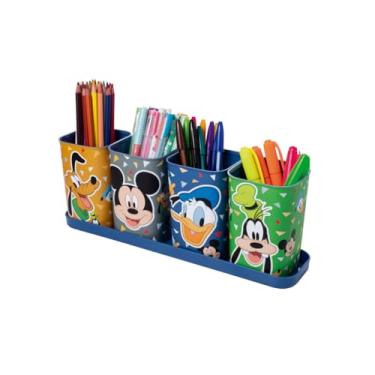 Imagem de Kit 5 Peças Porta Canetas/Lápis/Objetos com Bandeja Plasútil Organizador de Mesa Escolar Infantil (Mickey)
