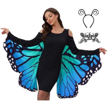 Imagem de Maisolly Fantasia feminina de borboleta para cosplay de festa de Halloween, com faixa de cabeça, máscara de renda, fantasia alada, azul, G