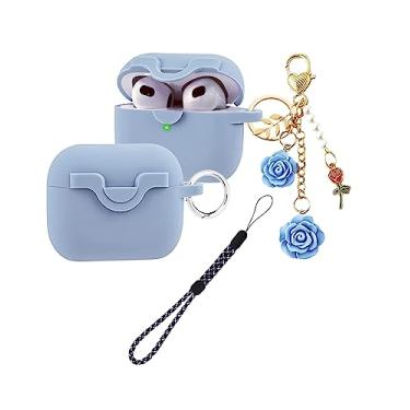 Imagem de Capa de bloqueio seguro para Airpods 3 com cordão de chaveiro de flores fofas, capa protetora de silicone para AirPods 3ª geração, capa feminina para Apple iPod 3rd capa de carregamento 2021 (azul)