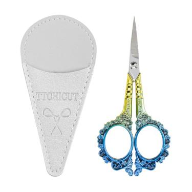 Imagem de Tesoura multiuso com bainha - Costura bordada cutícula afiada sobrancelhas manicure pedicure beleza tesoura de cuidados para escritório, casa, escola, artesanato de costura (azul dourado)