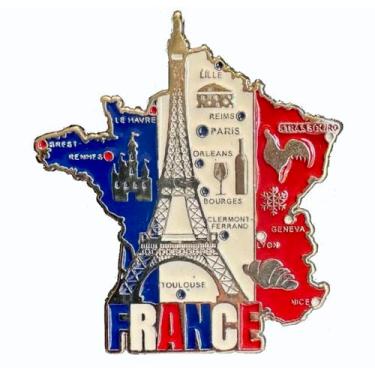 Imagem de Imã Geladeira França de Metal com Mapa, Bandeira, Cidades e Símbolos Paris Torre Eiffel