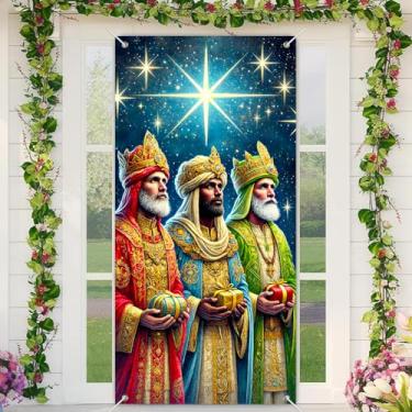 Imagem de BlissYard Faixa de porta de Natal de três homens sábios, presépio de 89 x 189 cm, com presentes de reis, coroas douradas e estrela de Belém para exibição de parede interna de férias religiosas ou