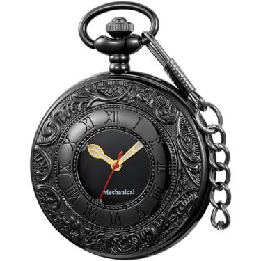 Imagem de Alwesam Relógio masculino mecânico com caixa de design vintage, mostrador duplo, algarismos romanos, relógio de bolso com corrente e caixa, Preto-55, presente