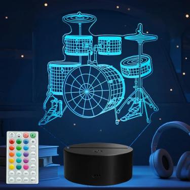 Imagem de Luz noturna de tambor, presentes de baterista, lâmpada de ilusão 3D de bateria, luz noturna 3D com controle remoto, 16 cores RGB, 4 modos de piscar, temporizador, regulável, decoração de quarto