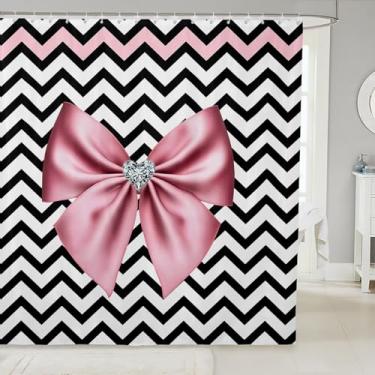 Imagem de Cortinas de chuveiro com laço rosa, listras onduladas para crianças, adolescentes e adultos, cortinas de banho geométricas pretas à prova d'água, com 12 ganchos para banheira, 182 cm L x 213 cm C
