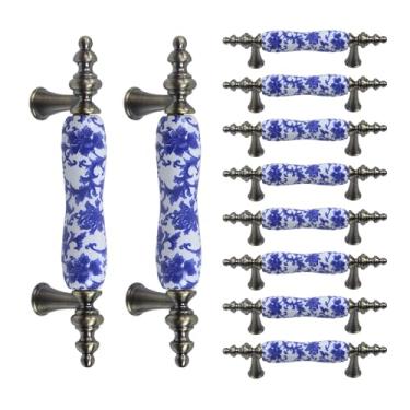 Imagem de MY MIRONEY Puxadores de armário de cerâmica retrô de porcelana e liga de zinco, puxadores de gaveta de ferragens para armários de cozinha, puxadores com parafusos, centros de orifício de 7,6 cm