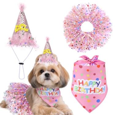 Imagem de Bandana de aniversário de cachorro com chapéu e vestido para meninas, suprimentos de festa de aniversário para filhotes, saia tutu fofa para decoração de cães pequenos, médios e grandes (rosa)