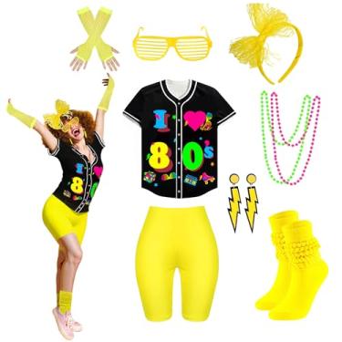Imagem de Xintorch Conjunto de acessórios femininos dos anos 80 anos 80, camisa de jérsei de beisebol, shorts neon, meias folgadas, faixa de cabeça