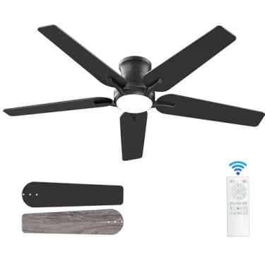 Imagem de POCHFAN Ventiladores de teto pretos de 132 cm com luzes e controle remoto, ventilador de teto de baixo perfil para quarto, sala de estar, pátio, regulável, 6 velocidades, silencioso reversível