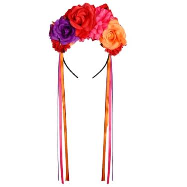 Imagem de Nydotd Mexican Rose Flower Crown Headband for Women, Floral Fall Day of The Dead Headpiece for Halloween Costume Party (Red Purple)