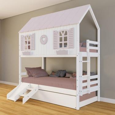 Imagem de Treliche Casinha Bela com Coração Kit Escada/Escorregador - Madeira Maciça Branco/Rosa | Housin