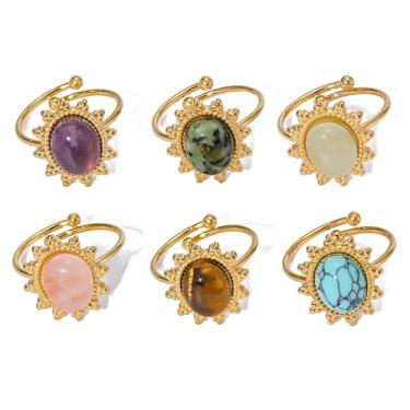 Imagem de LadayPoa Anel de declaração turquesa para mulheres, banhado a ouro 18 K, joia de pedra natural ajustável feita à mão, presente vintage étnico de cura para vaqueiras ocidentais, Aço inoxidável