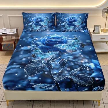 Imagem de AILONEN Jogo de lençol Queen com flor de rosa azul, microfibra macia, borboleta, floral, lençol com elástico, 2 fronhas, 3 peças