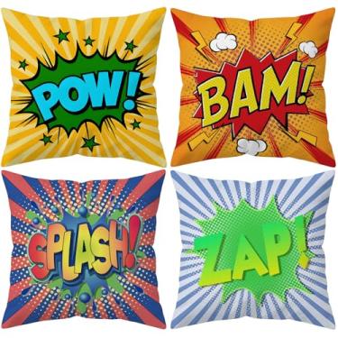 Imagem de HYJ Super Hero Quote Capas de almofada 45,7 x 45,7 cm, conjunto de 4, arte dupla face, estampa de exclamação, estampa de exclamação, capa decorativa para sofá, sofá, sala de jogos