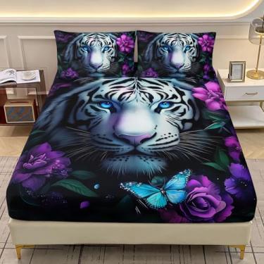 Imagem de AILONEN Jogo de lençol solteiro com estampa de tigre branco, flores roxas e folhas verdes, 1 lençol com elástico e 2 fronhas, 3 peças