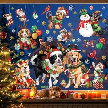 Imagem de decalmile Adesivos de janela dupla face para cães de Natal, gatos, reutilizáveis, animais de estimação, cachorrinho, boneco de neve, floco de neve, presentes, anticolisão, portas de vidro, adesivos de