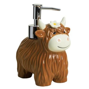 Imagem de Dispensador de sabão de gado Highland de cerâmica, dispensador de sabonete para mãos Kyloe com bomba, garrafa de sabonete líquido para mãos para cozinha e banheiro-marrom