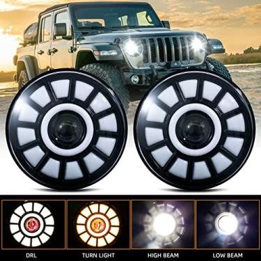 Imagem de LLPTA 2 peças de 17,78 cm redondo 4000 lúmens super brilhante preto alojamento lente transparente LED halo cabeça lâmpadas montagem H4 H13 lâmpadas âmbar seta branca DRL farol alto baixo compatível com Wrangler 97-18