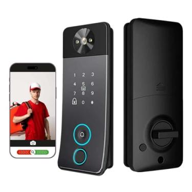Imagem de Fechadura de porta inteligente com câmera e campainha – Fechadura de entrada sem chave | 5 formas de desbloqueio (impressão digital, senha, cartão, chave, aplicativo Tuya) | À prova de intempéries |