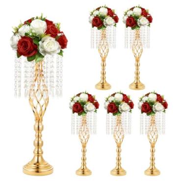 Imagem de MEISHAONV 6 peças de centro de mesa para casamento, 53 cm, centro de mesa, vaso de flores de metal de cristal para decoração de mesas