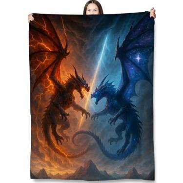 Imagem de Turamurra Cobertor de dragão para adultos, crianças, fantasia de fogo e gelo, cobertores de batalha de dragão para sala de estar, quarto, pelúcia felpuda de flanela quente 127 x 152 cm