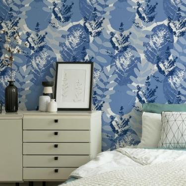 Imagem de ESSMOKO Papel de parede colorido planta flor hidrosol papel de parede sala de estar quarto escritório fundo decorativo adesivo de parede folhas azuis e brancas 45 * 600 cm