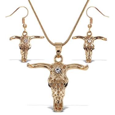 Imagem de Aqua79 Conjunto de joias de brincos e colar com pingente de caveira brilhante de crânio longo – Conjunto de colar e brincos com pingente brilhante fofo banhado na cor dourada – Joias de ouro