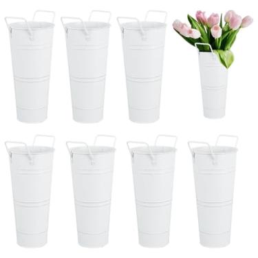 Imagem de UNICRAFTALE 8 peças de vasos de metal galvanizado de 24 cm de altura com alça, balde de flores francesas, branco, estilo rústico, suporte de flor de metal para arranjos florais, casamentos, varanda