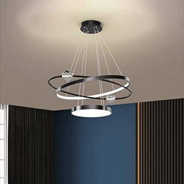 Imagem de Luminária Retro, Luminária Pendente LED para Sala de Estar e Cozinha, Coleção 3 Anéis Tinta Latão, Bola de Cristal, Lustre Pendente Ajustável, Luz de Teto Contemporânea, Luz Branca 6500K,
