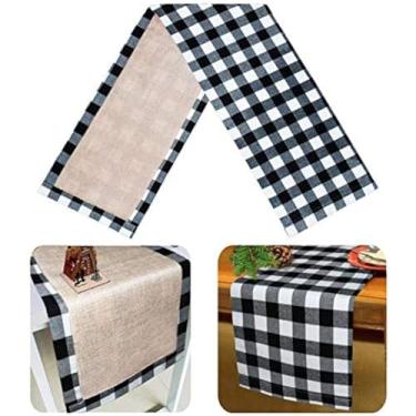 Imagem de Senneny Caminho de mesa xadrez de búfalo, corredor de mesa reversível de estopa e algodão, corredor de mesa de búfalo para Natal, festa de aniversário, mesa de decoração de casa