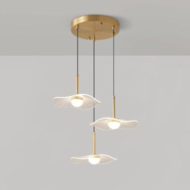 Imagem de Lustre LED moderno em acrílico com folha de lótus, luminária pendente para decoração de mesa de jantar, luminária suspensa com 3 cabeças, luminária de teto para cozinha, ilha, sala de jantar