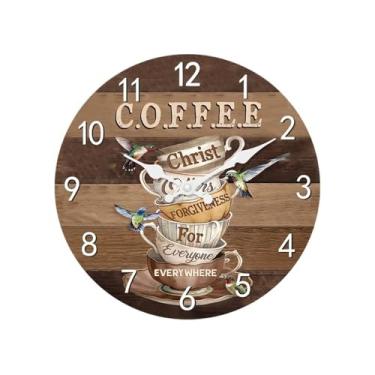 Imagem de Relógio de parede de madeira marrom relógio de parede bonito design de pássaro e xícara de café, relógio decorativo silencioso para casa decoração de casa (30,5 cm)