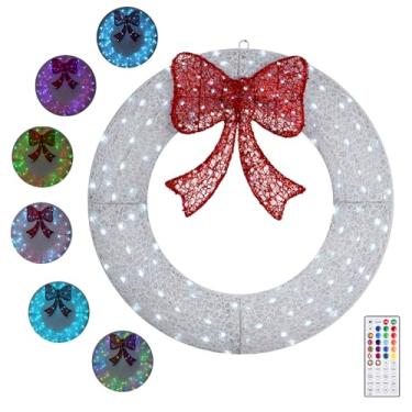 Imagem de amadecohome Guirlanda de Natal de 61 cm pré-iluminada ao ar livre com 140 luzes de LED e laço, decoração de guirlanda de Natal de metal iluminado com função de temporizador para Natal, parede, porta