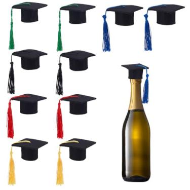 Imagem de CRASPIRE 20 conjuntos de mini toucas de formatura para bacharel em garrafa de vinho chapéu de graduação com borlas feltro artesanato pop capa preta com borla colorida para lembrancinhas de celebração