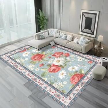 Imagem de CCoutueChen Tapete floral vintage, 1,2 x 1,8 m, azul-petróleo, asteca, grande, para sala de estar, tapete lavável à máquina