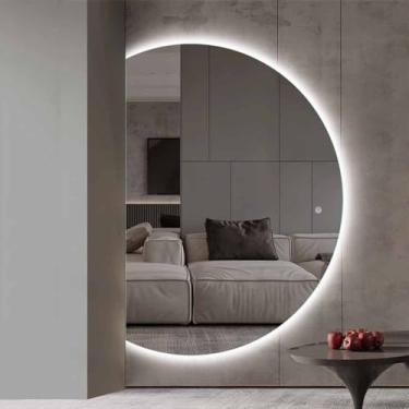 Imagem de Espelho de banheiro grande meia lua com luzes 119 x 81 cm com iluminação LED espelho de maquiagem montado na parede com 3 luzes coloridas antiembaçamento à prova d'água espelho de comprimento total