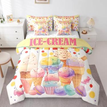 Imagem de Castle Fairy Conjunto de edredom para cama de sorvete, sobremesa deliciosa de verão, tamanho solteiro, 7 peças para crianças, adolescentes, conjunto de cama com pontos geométricos coloridos com