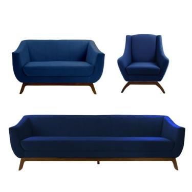 Imagem de Conjunto Milano Sofá, Namoradeira E Poltrona - Veludo Azul - Larbelle