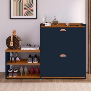 Imagem de Sapateira Hall Entrada 2 Gaveta Basculante Puxador Concha Banco Prateleira Porta Sapatos Sala Quarto Retrô Milano - Loja Inova BR (AZUL CEDRO)