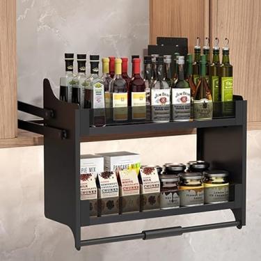 Imagem de Armário de cozinha resistente, prateleira suspensa de 2 níveis, prateleira inferior deslizante dobrável para armazenamento de organizador de especiarias, prateleira superior para armário com corrimão