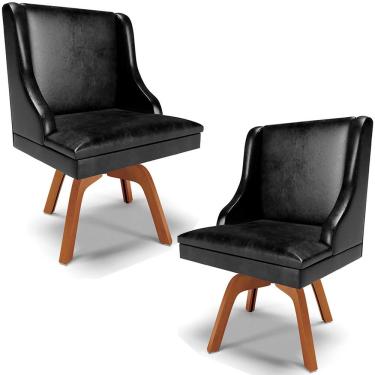 Imagem de Kit 2 Cadeiras Decorativas Sala de Jantar Base Giratória de Madeira Firenze PU Preto Brilho/Natural G19 - Gran Belo