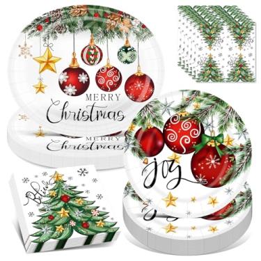 Imagem de Conjunto de pratos e guardanapos de papel de Natal de 100 peças - (25 convidados) com pratos ovais de 25 x 30 cm e prato de papel redondo de 23 cm, guardanapos para suprimentos de festa de Natal