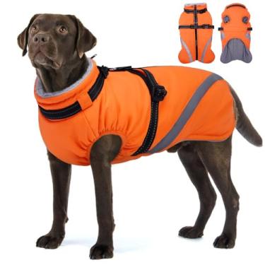 Imagem de BRKURLEG Jaquetas de inverno para cães grandes, casaco para cães com arnês embutido, roupas de neve para cães com zíper, impermeável à prova de vento, jaqueta acolchoada para animais de estimação
