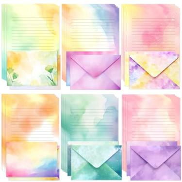 Imagem de KSIWRE Carta e envelopes para aquarela, 24 papéis de escrita forrados com 12 envelopes correspondentes, impressão frente e verso, multicolorido, 21 x 14 cm, 36 peças