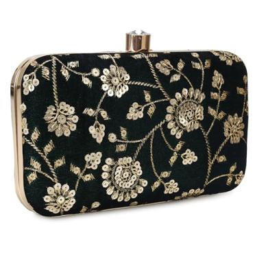 Imagem de LONGING TO BUY Bolsa clutch de designer feita à mão - Bordado Zari para mulheres, Verde escuro, Medium