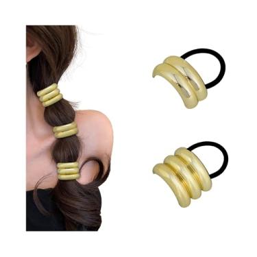 Imagem de 2 peças de laços de cabelo elásticos de metal que não danificam o rabo de cavalo, acessórios modernos para manguito de cabelo, arco multicamadas bronze