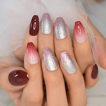 Imagem de Conjunto de unhas postiças ombré caixão unhas postiças pressionadas com glitter pontas de unhas gel misto cobertura completa arte de unhas acrílicas design de exibição de manicure