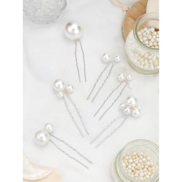 Imagem de 6 peças de garfos de cabelo de ferro, acessórios de cabelo prateados em forma de U para mulheres, imitação de pérolas duplas, bastão de grampo de cabelo com fio de cobre, pérolas ABS para festas